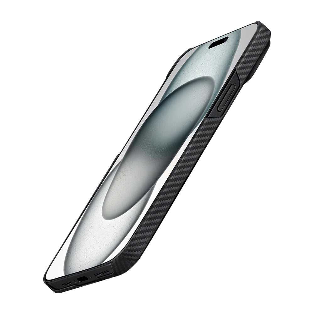 Apple iPhone 15 Plus Kılıf M-safe Şarj Özellikli 600D Aramid Fiber Pitaka Ultra-Slim Classic Serisi Black-Grey Twill Kapak Siyah-Gri