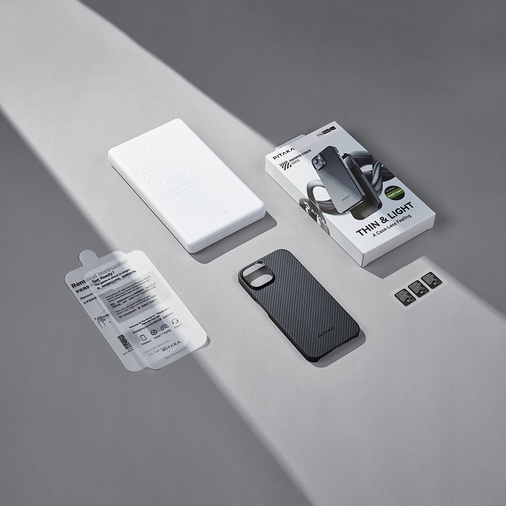 Apple iPhone 15 Plus Kılıf M-safe Şarj Özellikli 600D Aramid Fiber Pitaka Ultra-Slim Classic Serisi Black-Grey Twill Kapak Siyah-Gri