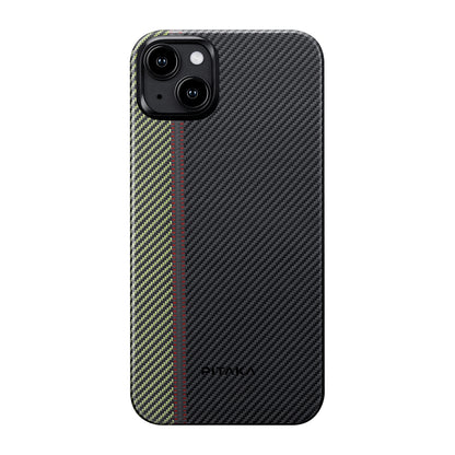 Apple iPhone 15 Plus Kılıf M-safe Şarj Özellikli 600D Aramid Fiber Pitaka Tactile Woven Orchestra Serisi Overture Kapak Siyah-Yeşil
