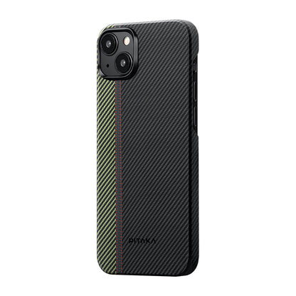 Apple iPhone 15 Plus Kılıf M-safe Şarj Özellikli 600D Aramid Fiber Pitaka Tactile Woven Orchestra Serisi Overture Kapak Siyah-Yeşil