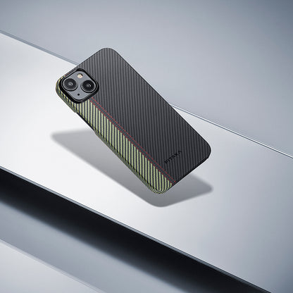 Apple iPhone 15 Plus Kılıf M-safe Şarj Özellikli 600D Aramid Fiber Pitaka Tactile Woven Orchestra Serisi Overture Kapak Siyah-Yeşil