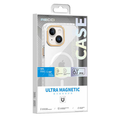 Apple iPhone 15 Plus Kılıf M-safe Şarj Özellikli Cam Arka Yüzey Recci Michelin Serisi Kapak Beyaz