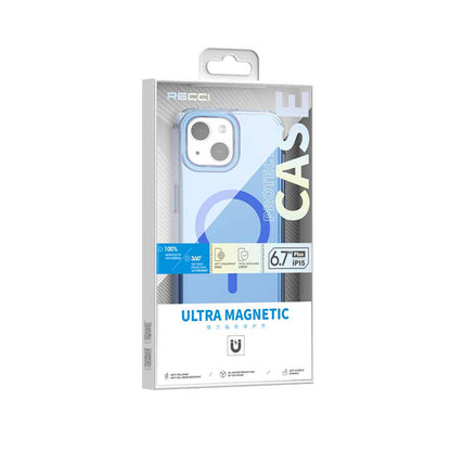 Apple iPhone 15 Plus Kılıf M-safe Şarj Özellikli Saydam Arka Yüzey Recci Crystal Color Serisi Kapak Mavi