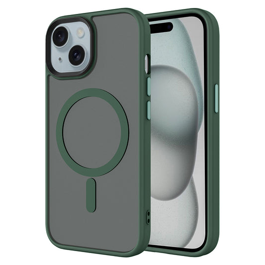 Apple iPhone 15 Plus Kılıf Mat Arka Yüzey Wireless Şarj Özellikli Zore Flet M-safe Kapak Koyu Yeşil