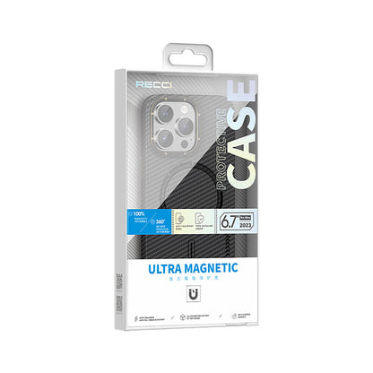 Apple iPhone 15 Plus Kılıf Recci Machinist Serisi M-safe Şarj Özellikli Magnetik Karbon Kapak Gri