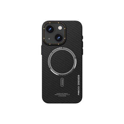 Apple iPhone 15 Plus Kılıf Recci Machinist Serisi M-safe Şarj Özellikli Magnetik Karbon Kapak Siyah