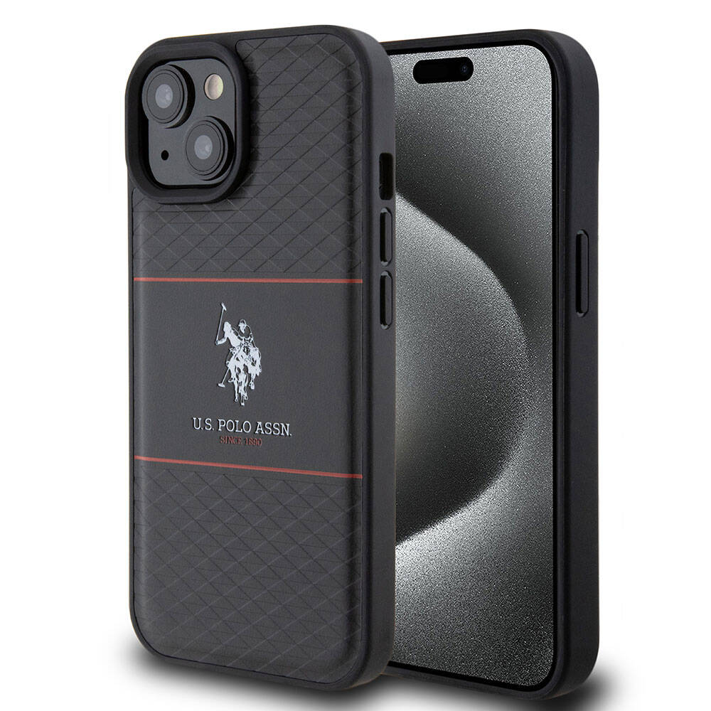 Apple iPhone 15 Plus Kılıf U.S. Polo Assn. Orjinal Lisanslı Deri Şeritli Logo Dizayn Kapak Siyah
