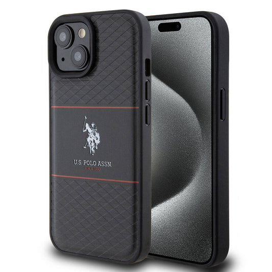 Apple iPhone 15 Plus Kılıf U.S. Polo Assn. Orjinal Lisanslı Deri Şeritli Logo Dizayn Kapak Siyah