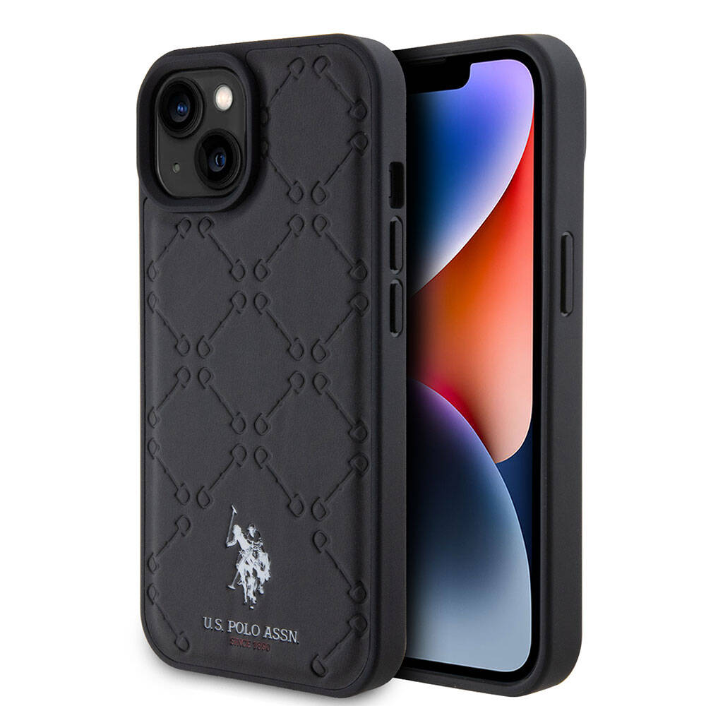 Apple iPhone 15 Plus Kılıf U.S. Polo Assn. Orjinal Lisanslı HS Desenli Baskı Logolu Suni Deri Kapak Siyah