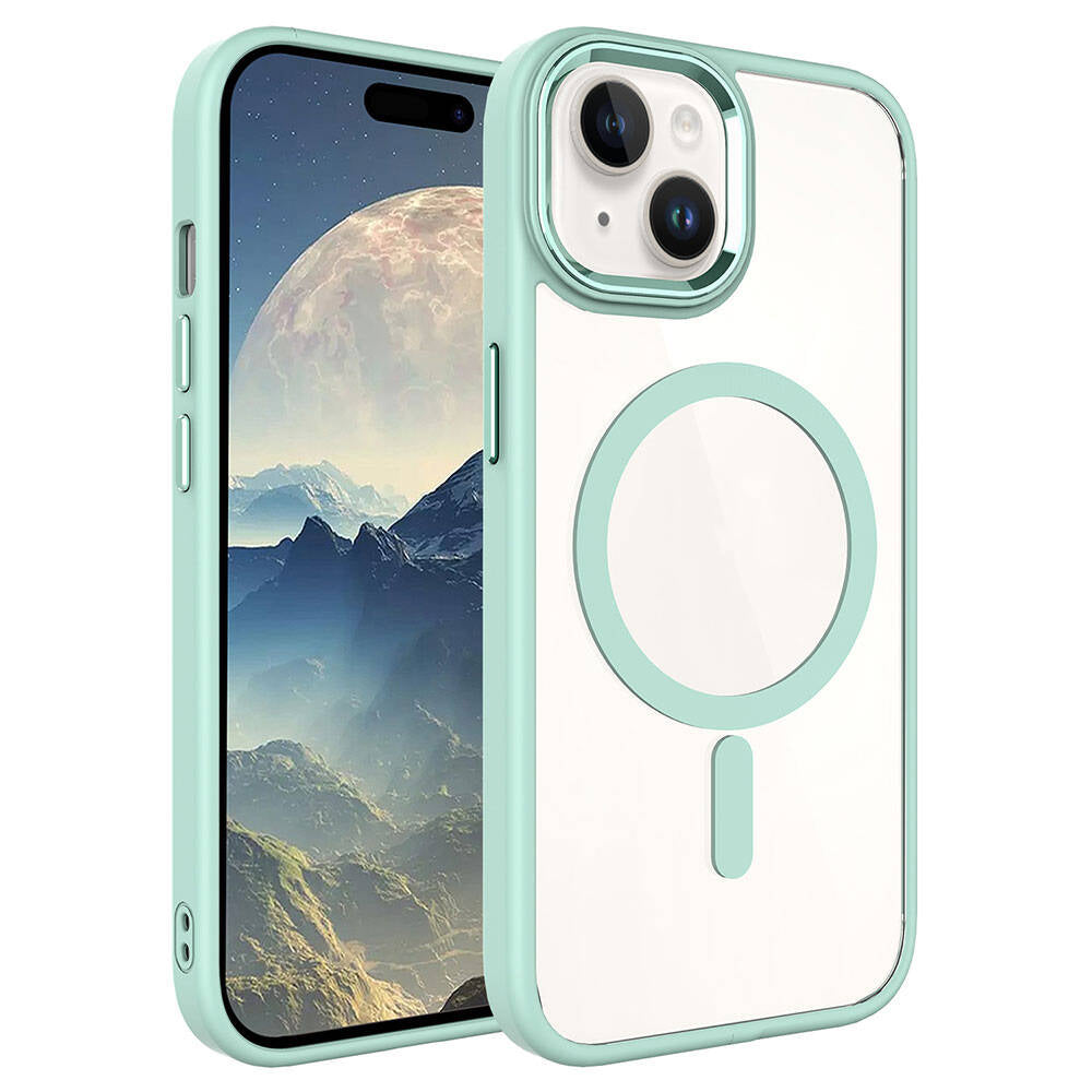 Apple iPhone 15 Plus Kılıf Wireless Şarj Özellikli Zore Krom M-safe Silikon Kapak Yeşil