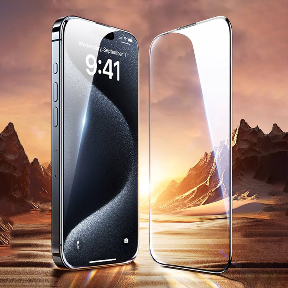 Apple iPhone 15 Plus Wiwu GT-008 Polimer Oleofobik Kaplama Şeffaf Pürüzsüz Temperli Cam Ekran Koruyucu 10'lu Paket Siyah