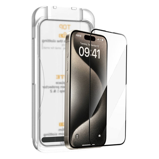 Apple iPhone 15 Plus Wiwu SQ-008 Oleofobik Easy Install Darbeye Karşı Dayanıklı Temperli Cam Ekran Koruyucu + Kolay Uygulama Aparatlı Siyah