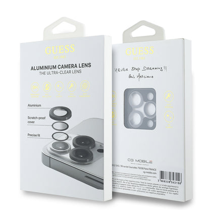 Apple iPhone 15 Pro Guess Orjinal Lisanslı Metal Kamera Lens Koruyucu Gümüş