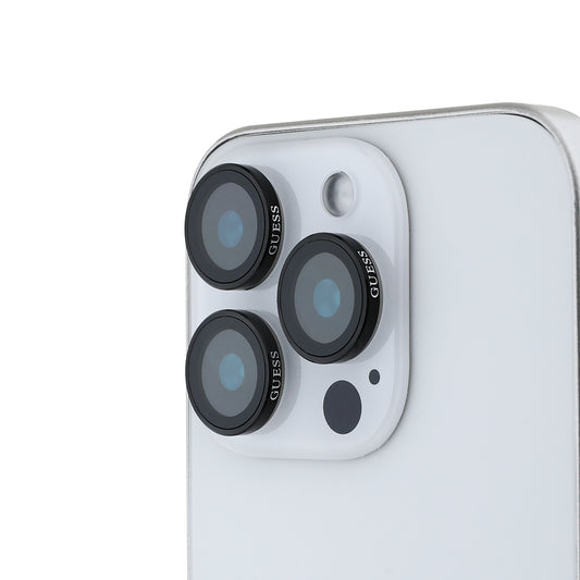 Apple iPhone 15 Pro Guess Orjinal Lisanslı Metal Kamera Lens Koruyucu Gümüş