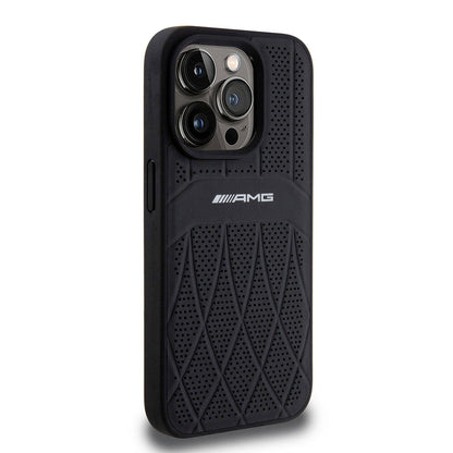 Apple iPhone 15 Pro Kılıf AMG Orjinal Lisanslı M-safe Şarj Özellikli Delikli Deri Kıvrımlı Çizgili Kapak Siyah