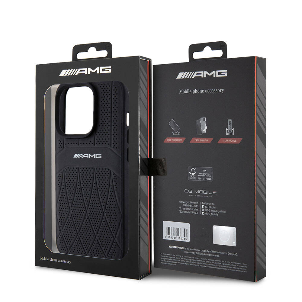 Apple iPhone 15 Pro Kılıf AMG Orjinal Lisanslı M-safe Şarj Özellikli Delikli Deri Kıvrımlı Çizgili Kapak Siyah