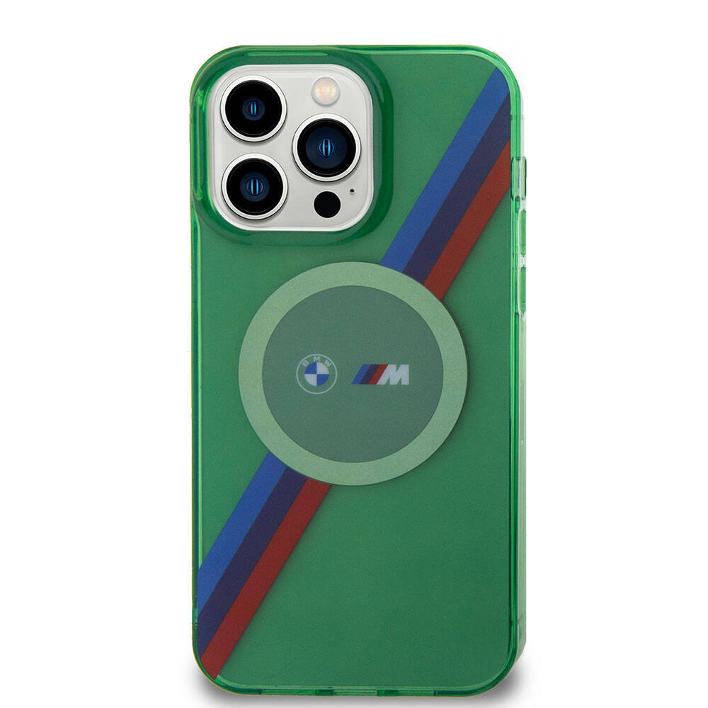 Apple iPhone 15 Pro Kılıf BMW M-safe Şarj Özellikli Transparan Tricolor Stripes Orjinal Lisanslı Kapak Yeşil
