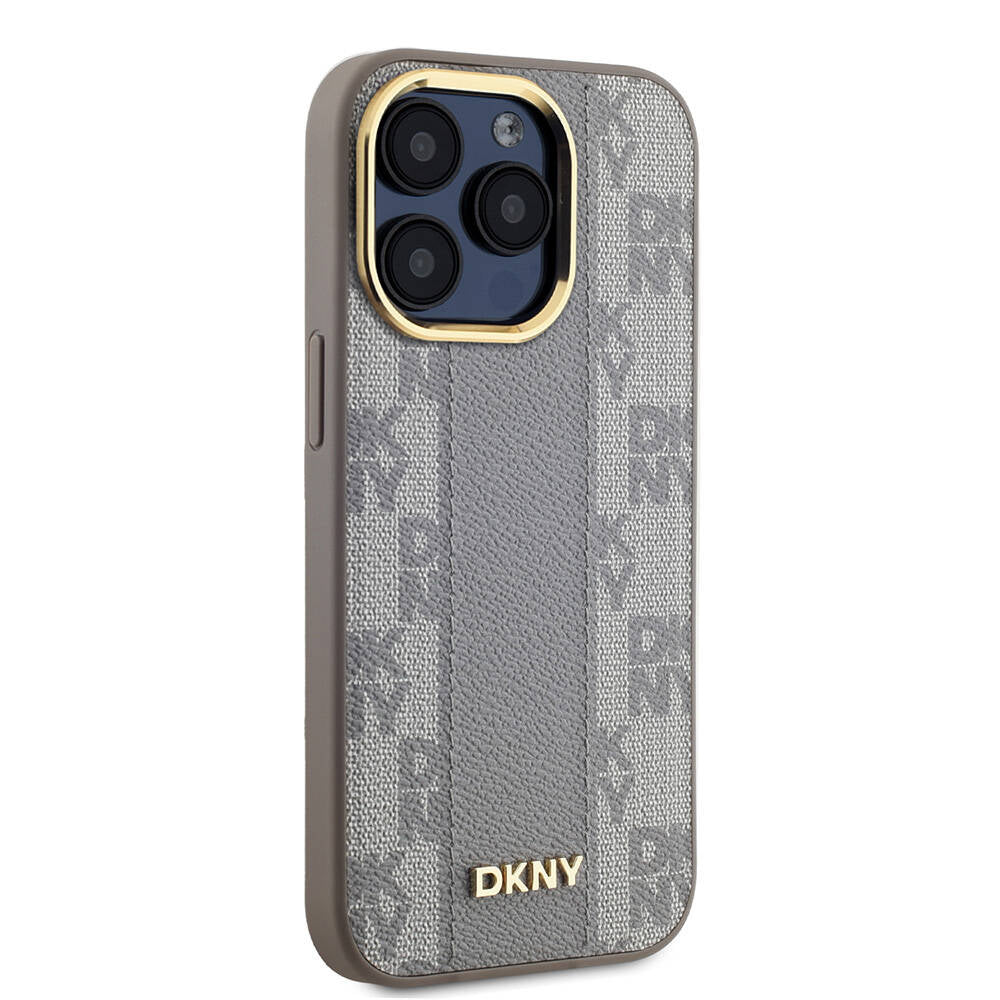 Apple iPhone 15 Pro Kılıf DKNY Orjinal Lisanslı M-safe Şarj Özellikli 3D Yazılı Checkered Pattern Kapak Krem