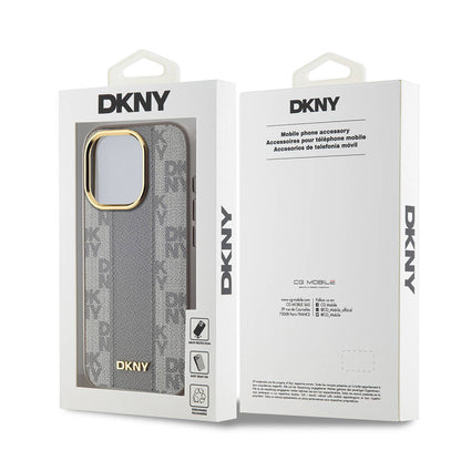 Apple iPhone 15 Pro Kılıf DKNY Orjinal Lisanslı M-safe Şarj Özellikli 3D Yazılı Checkered Pattern Kapak Krem