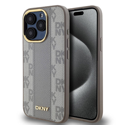 Apple iPhone 15 Pro Kılıf DKNY Orjinal Lisanslı M-safe Şarj Özellikli 3D Yazılı Checkered Pattern Kapak Siyah