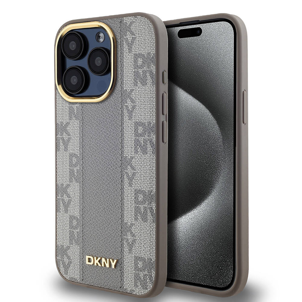 Apple iPhone 15 Pro Kılıf DKNY Orjinal Lisanslı M-safe Şarj Özellikli 3D Yazılı Checkered Pattern Kapak Krem