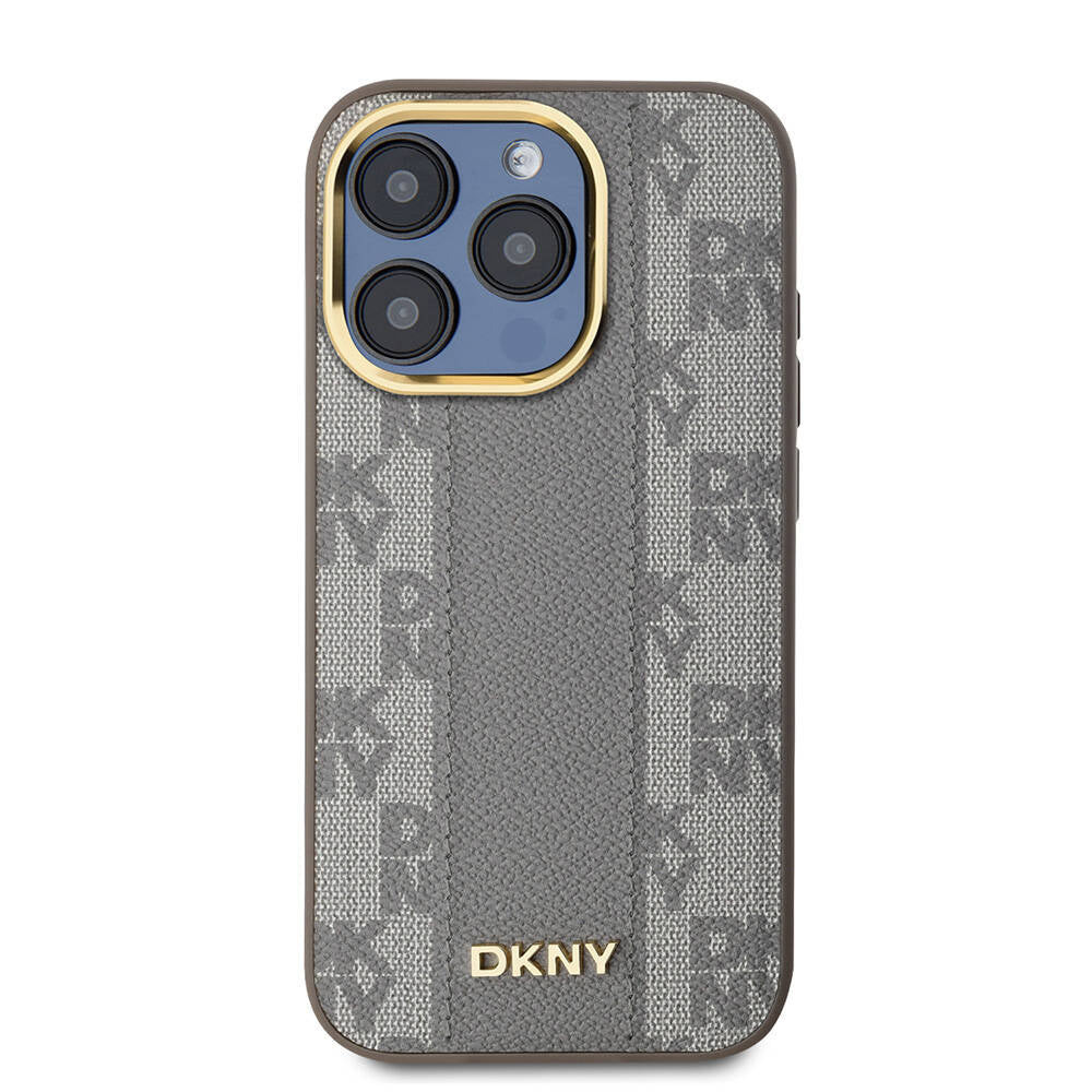 Apple iPhone 15 Pro Kılıf DKNY Orjinal Lisanslı M-safe Şarj Özellikli 3D Yazılı Checkered Pattern Kapak Krem