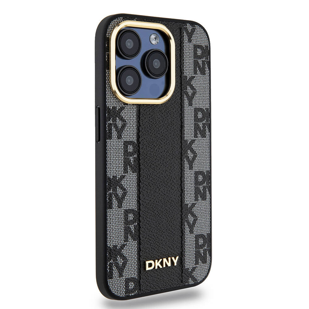 Apple iPhone 15 Pro Kılıf DKNY Orjinal Lisanslı M-safe Şarj Özellikli 3D Yazılı Checkered Pattern Kapak Siyah