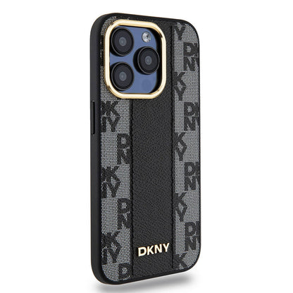 Apple iPhone 15 Pro Kılıf DKNY Orjinal Lisanslı M-safe Şarj Özellikli 3D Yazılı Checkered Pattern Kapak Siyah