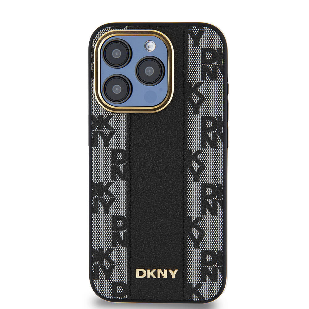 Apple iPhone 15 Pro Kılıf DKNY Orjinal Lisanslı M-safe Şarj Özellikli 3D Yazılı Checkered Pattern Kapak Siyah