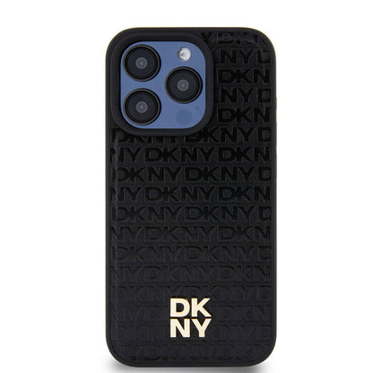 Apple iPhone 15 Pro Kılıf DKNY Orjinal Lisanslı M-safe Şarj Özellikli 3D Yazılı Repeat Pattern Kapak Siyah