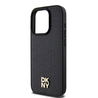 Apple iPhone 15 Pro Kılıf DKNY Orjinal Lisanslı M-safe Şarj Özellikli 3D Yazılı Repeat Pattern Kapak Siyah