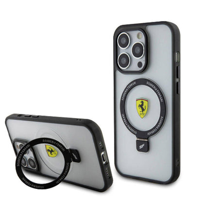 Apple iPhone 15 Pro Kılıf Ferrari M-safe Şarj Özellikli Standlı Buzlu Yüzey Dizayn Kapak