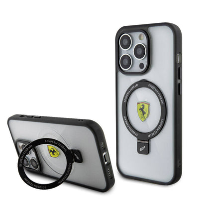 Apple iPhone 15 Pro Kılıf Ferrari M-safe Şarj Özellikli Standlı Buzlu Yüzey Dizayn Kapak