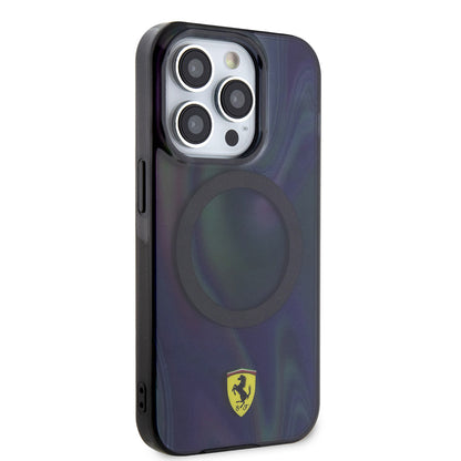 Apple iPhone 15 Pro Kılıf Ferrari Orjinal Lisanslı M-safe Şarj Özellikli Transparan Renk Geçişli Iridescent Kapak Siyah