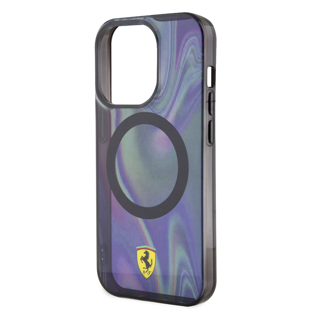 Apple iPhone 15 Pro Kılıf Ferrari Orjinal Lisanslı M-safe Şarj Özellikli Transparan Renk Geçişli Iridescent Kapak Siyah