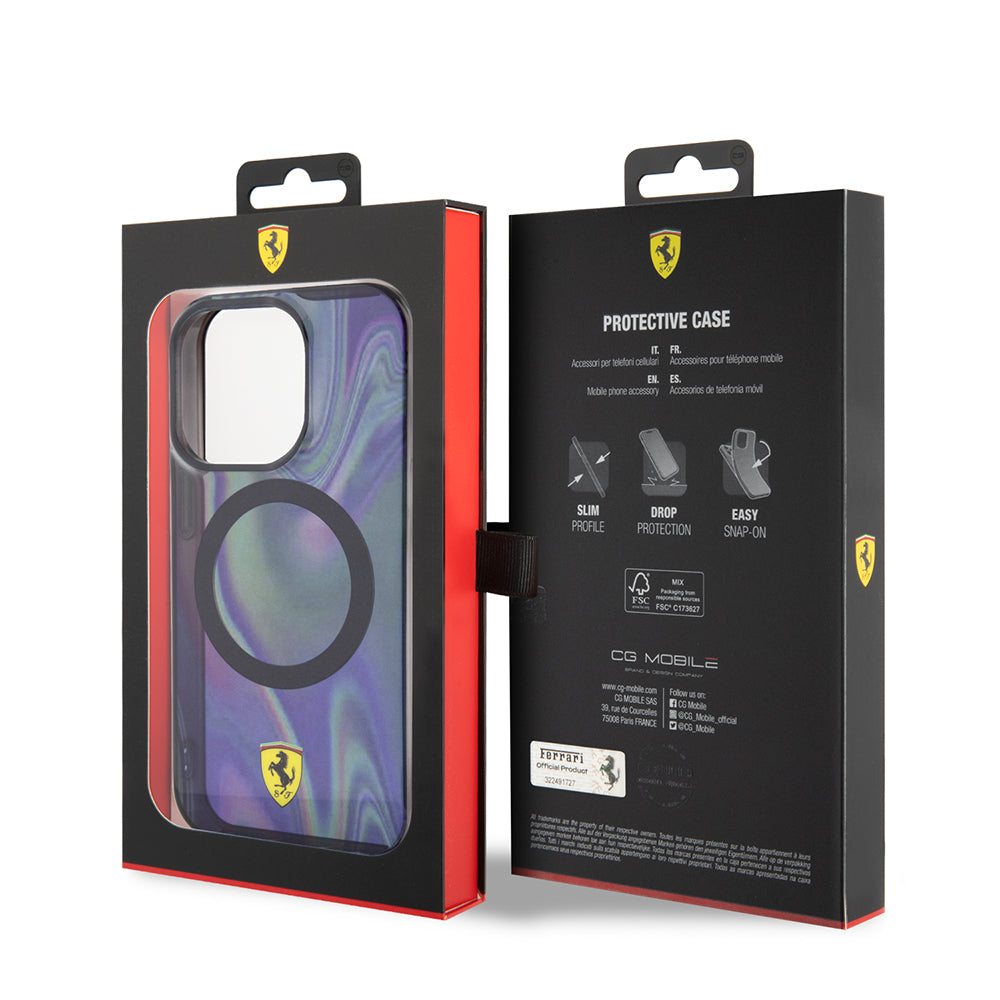 Apple iPhone 15 Pro Kılıf Ferrari Orjinal Lisanslı M-safe Şarj Özellikli Transparan Renk Geçişli Iridescent Kapak Siyah
