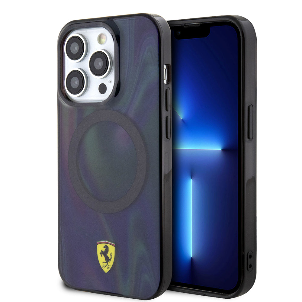 Apple iPhone 15 Pro Kılıf Ferrari Orjinal Lisanslı M-safe Şarj Özellikli Transparan Renk Geçişli Iridescent Kapak Siyah