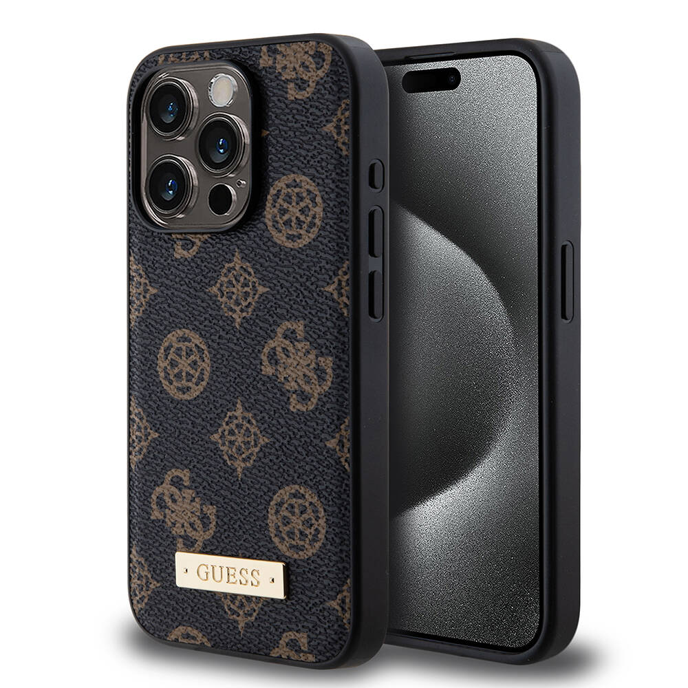Apple iPhone 15 Pro Kılıf Guess M-safe Şarj Özellikli PU Deri Desenli Metal Plaka Logolu Kapak Siyah