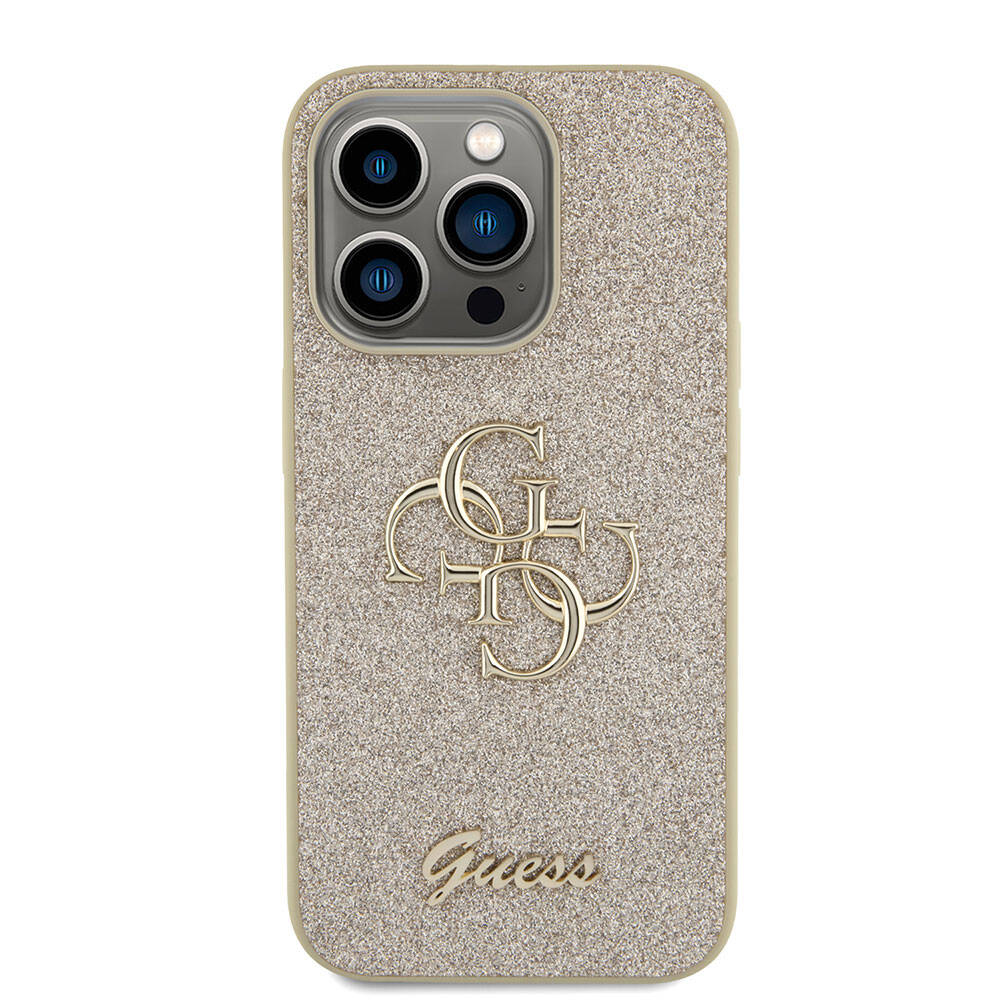 Apple iPhone 15 Pro Kılıf Guess Orjinal Lisanslı 4G Büyük Metal Logolu Glitter Kapak Gold