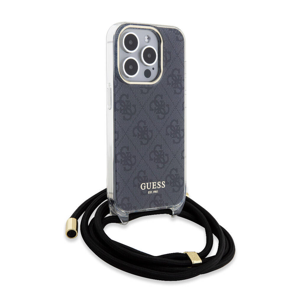 Apple iPhone 15 Pro Kılıf Guess Orjinal Lisanslı Çapraz Kordon 4G Desenli Kapak Kahverengi