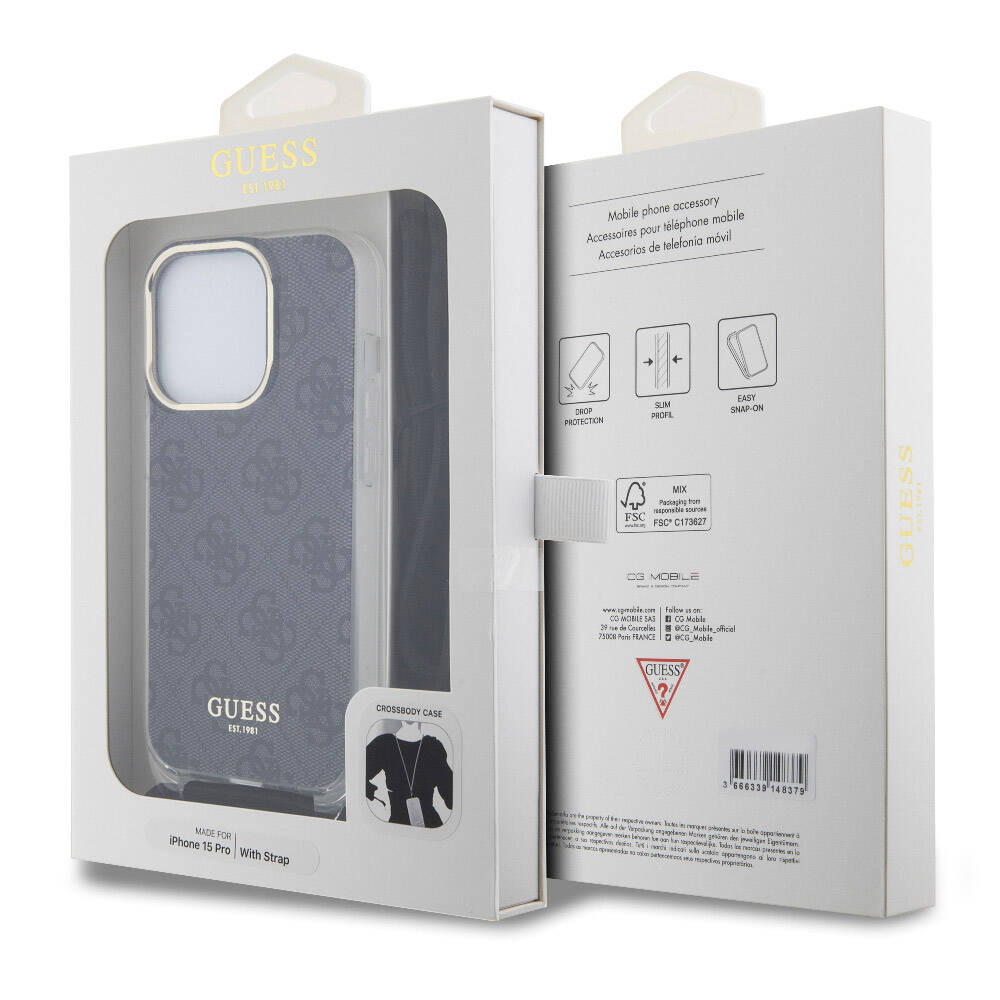 Apple iPhone 15 Pro Kılıf Guess Orjinal Lisanslı Çapraz Kordon 4G Desenli Kapak Siyah