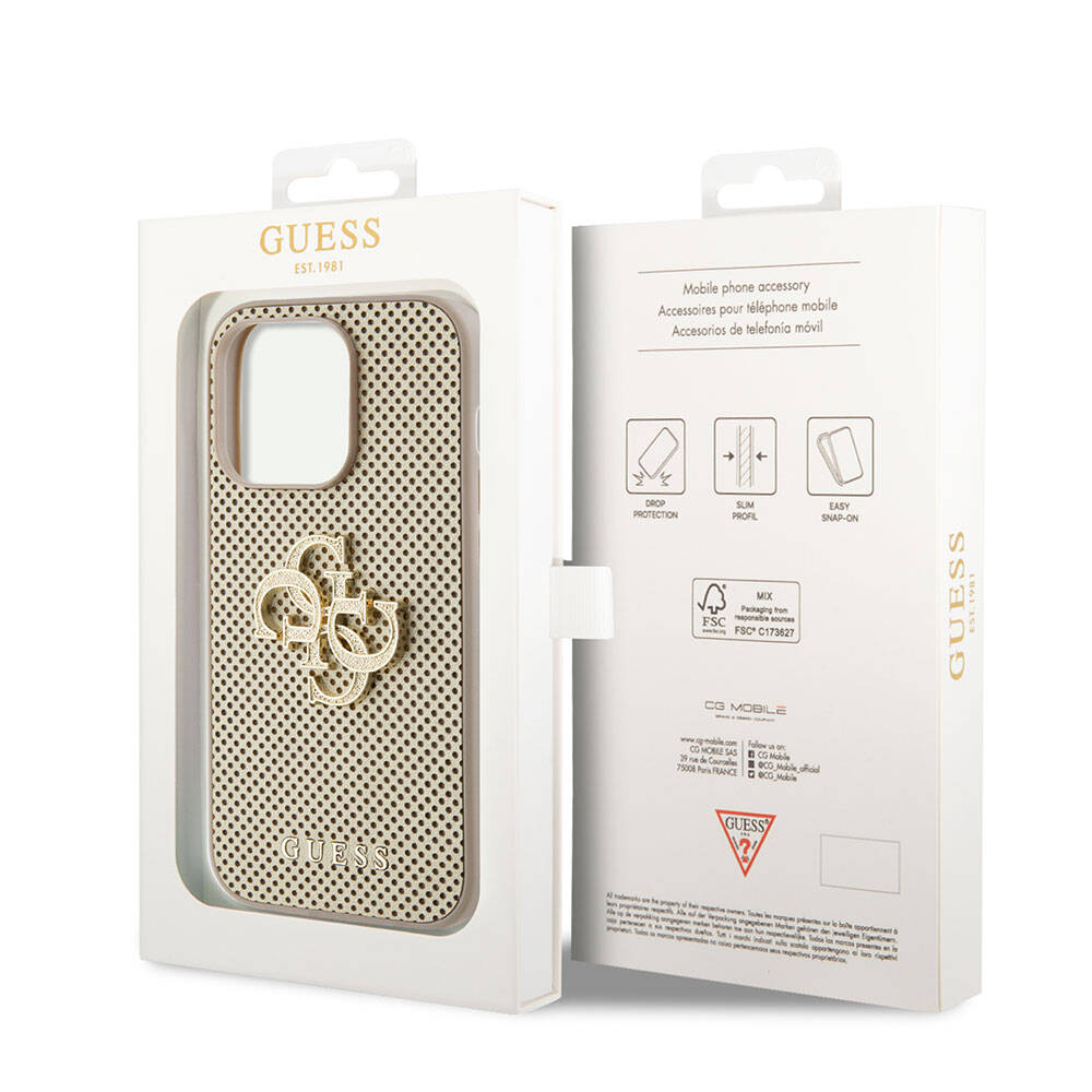 Apple iPhone 15 Pro Kılıf Guess Orjinal Lisanslı Delikli Yazı ve 4G Glitter Büyük Metal Logolu Kapak Gold