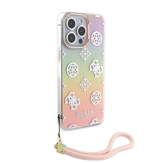 Apple iPhone 15 Pro Kılıf Guess Orjinal Lisanslı Desenli Yazı Logolu Askı İpli Holografik Glitter Peony Kapak Turkuaz