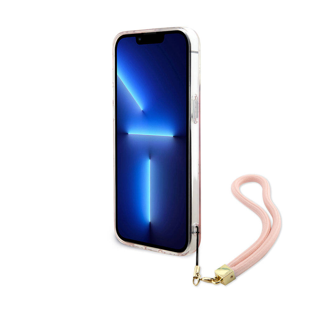 Apple iPhone 15 Pro Kılıf Guess Orjinal Lisanslı Desenli Yazı Logolu Askı İpli Holografik Glitter Peony Kapak Mor