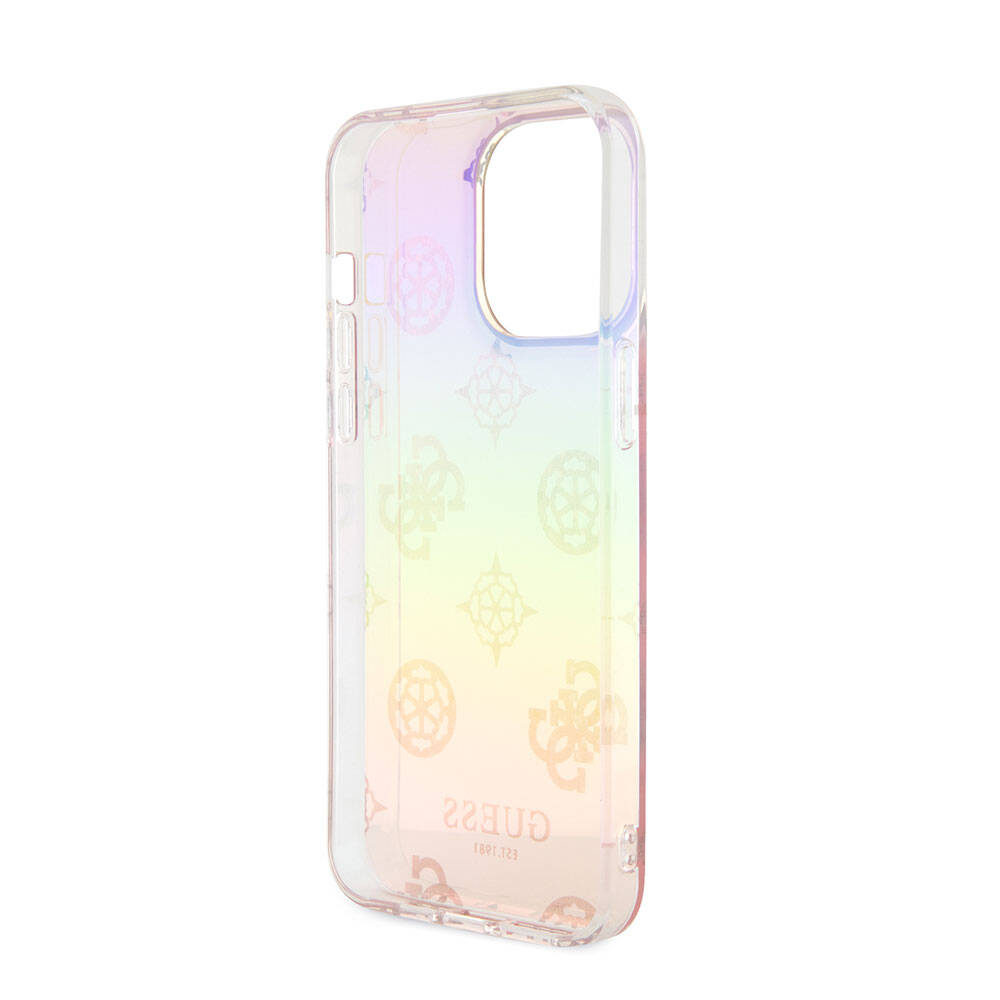 Apple iPhone 15 Pro Kılıf Guess Orjinal Lisanslı Desenli Yazı Logolu Askı İpli Holografik Glitter Peony Kapak Mor