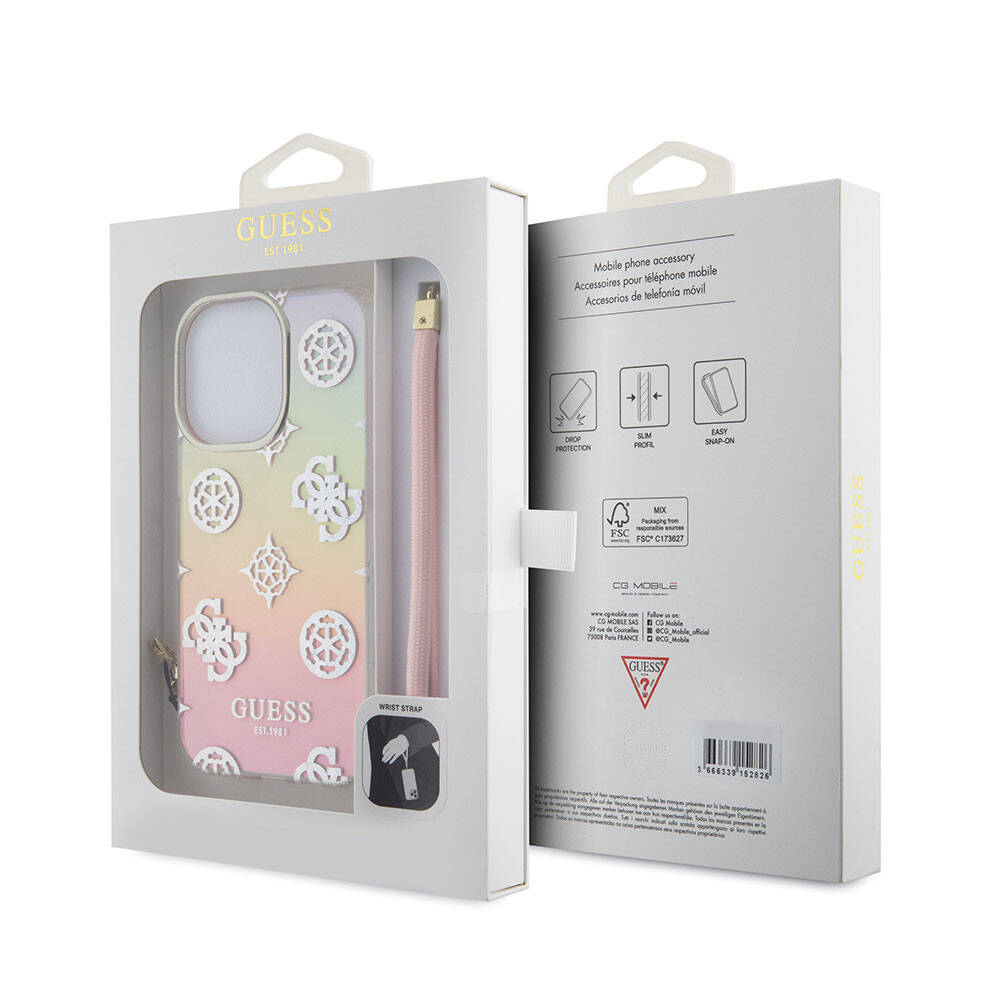 Apple iPhone 15 Pro Kılıf Guess Orjinal Lisanslı Desenli Yazı Logolu Askı İpli Holografik Glitter Peony Kapak Pembe