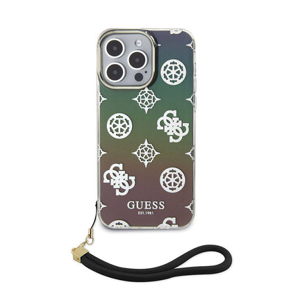 Apple iPhone 15 Pro Kılıf Guess Orjinal Lisanslı Desenli Yazı Logolu Askı İpli Holografik Glitter Peony Kapak Turkuaz