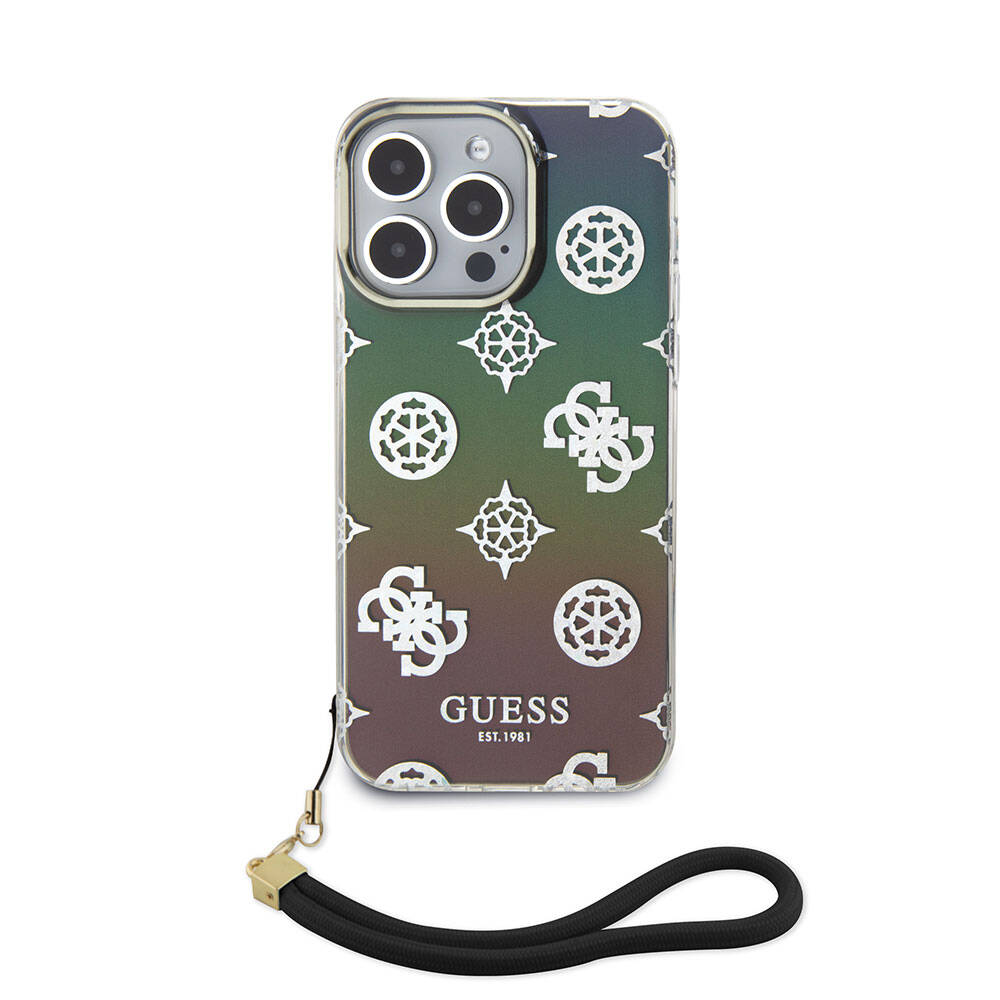 Apple iPhone 15 Pro Kılıf Guess Orjinal Lisanslı Desenli Yazı Logolu Askı İpli Holografik Glitter Peony Kapak Mor