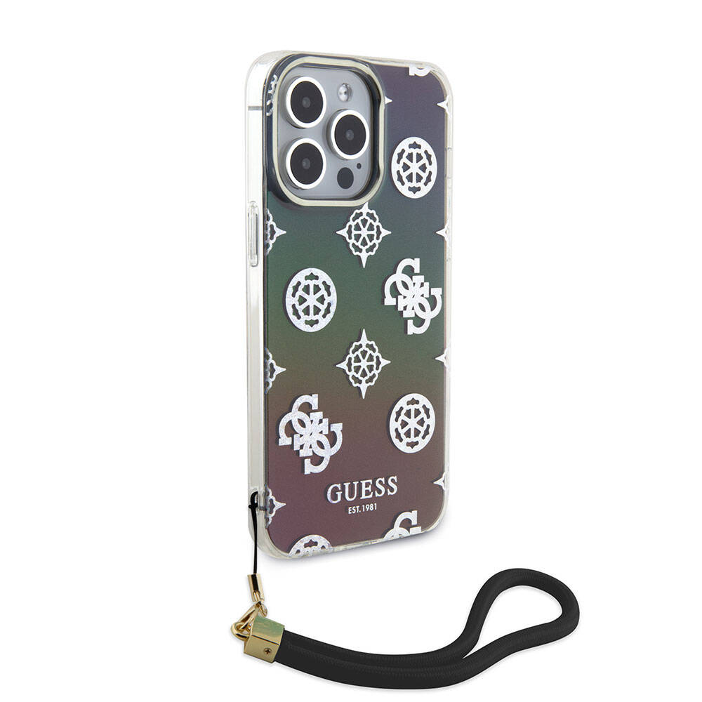 Apple iPhone 15 Pro Kılıf Guess Orjinal Lisanslı Desenli Yazı Logolu Askı İpli Holografik Glitter Peony Kapak Pembe