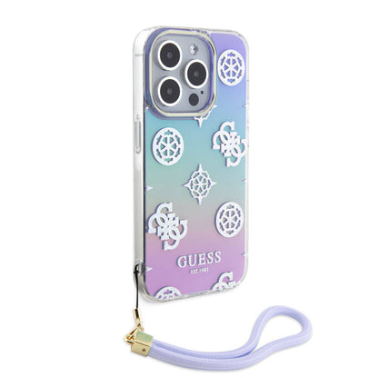 Apple iPhone 15 Pro Kılıf Guess Orjinal Lisanslı Desenli Yazı Logolu Askı İpli Holografik Glitter Peony Kapak Pembe